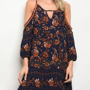 Dress Floral Short Summer A-line open shoulders long sleeve boho NWT MEDIUM